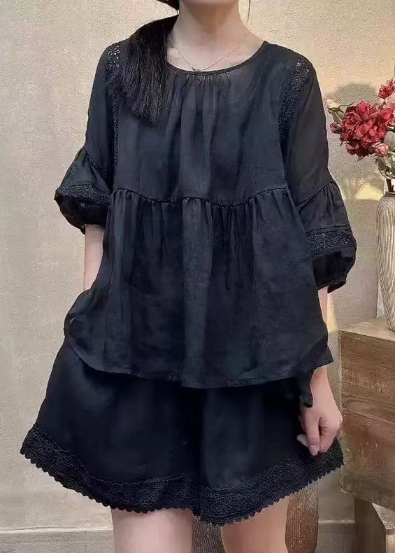 Loose Black O Neck Pockets Solid Cotton Two Piece Set Half Sleeve