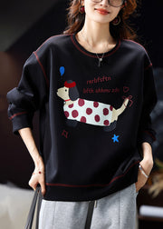 Loose Black O Neck Print Cotton Sweatshirts Spring