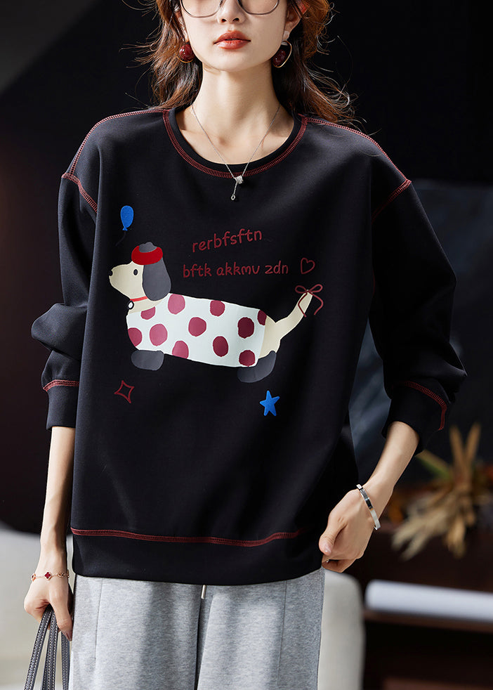 Loose Black O Neck Print Cotton Sweatshirts Spring