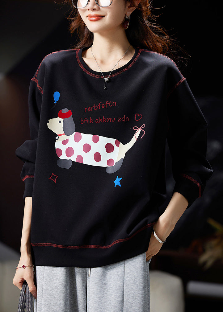 Loose Black O Neck Print Cotton Sweatshirts Spring