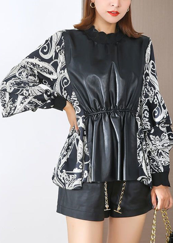 Loose Black O-Neck Print Faux Leather Patchwork Top Butterfly Sleeve