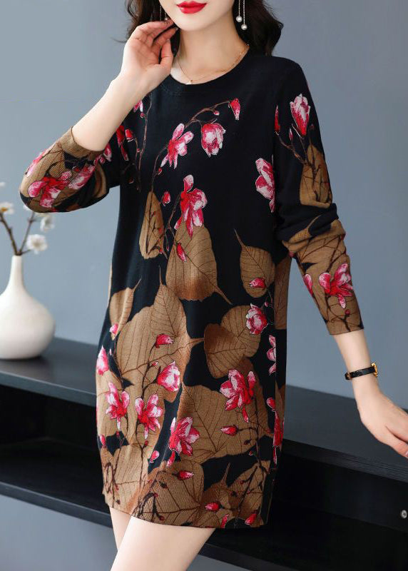 Loose Black O-Neck Print Knit Mid Dress Spring