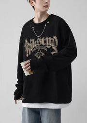 Loose Black O Neck Print Patchwork Cotton Men Sweatshirt Spring