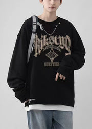 Loose Black O Neck Print Patchwork Cotton Men Sweatshirt Spring