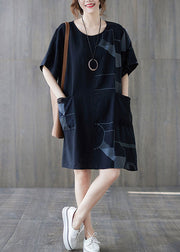 Loose Black O Neck Print Patchwork Cotton Mid Dress Summer