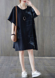 Loose Black O Neck Print Patchwork Cotton Mid Dress Summer