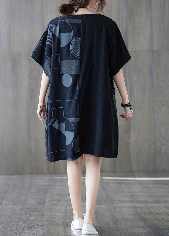 Loose Black O Neck Print Patchwork Cotton Mid Dress Summer