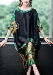 Loose Black O Neck Print Patchwork Silk Dresses Batwing Sleeve