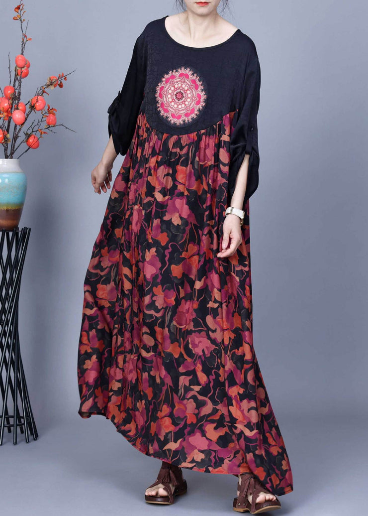 Loose Black O Neck Print Patchwork Silk Dresses Spring