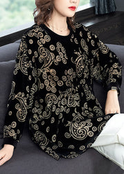 Loose Black O Neck Print Patchwork Silk Velour Tops Fall