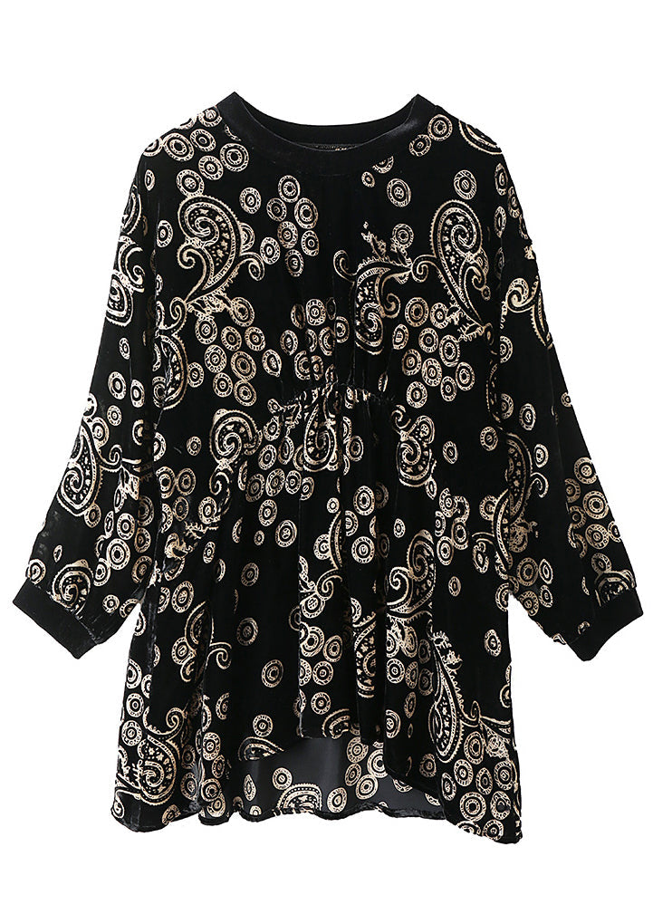 Loose Black O Neck Print Patchwork Silk Velour Tops Fall