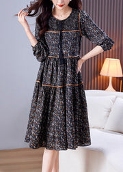 Loose Black O-Neck Print Patchwork Wrinkled Chiffon Long Dresses Spring