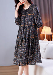 Loose Black O-Neck Print Patchwork Wrinkled Chiffon Long Dresses Spring