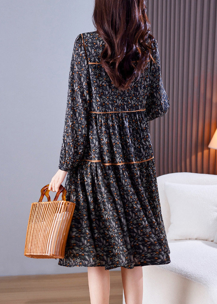 Loose Black O-Neck Print Patchwork Wrinkled Chiffon Long Dresses Spring