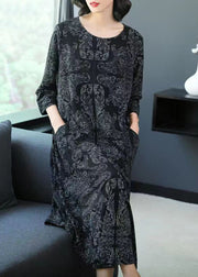 Loose Black O Neck Print Pockets Cotton Long Dresses Spring