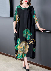 Loose Black O Neck Print Pockets Patchwork Silk Dresses Summer