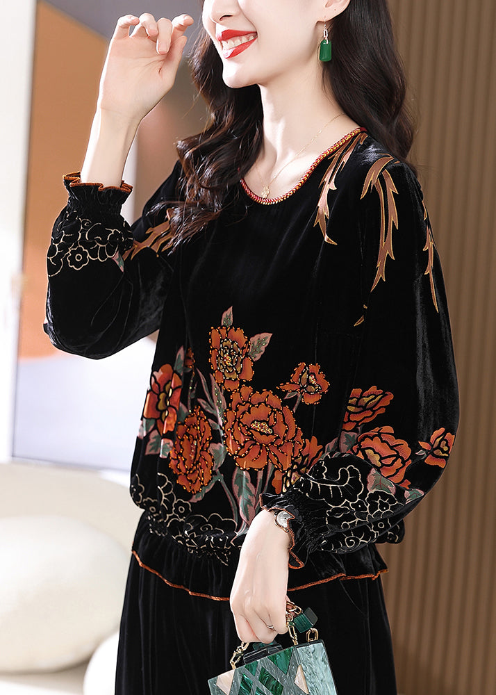 Loose Black O Neck Print Silk Velour Tops Butterfly Sleeve