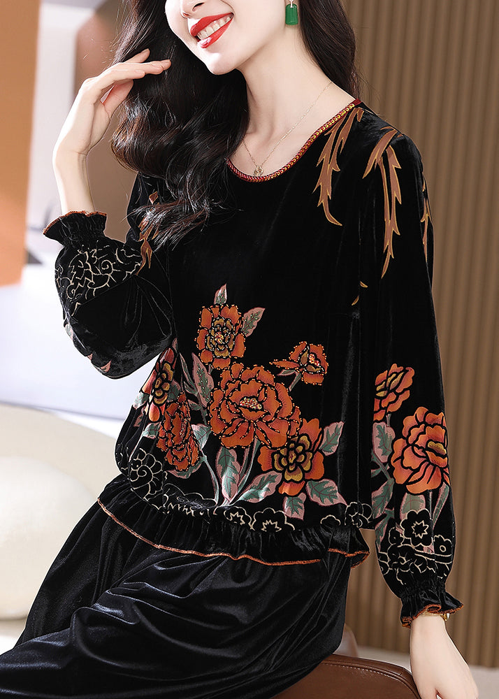 Loose Black O Neck Print Silk Velour Tops Butterfly Sleeve