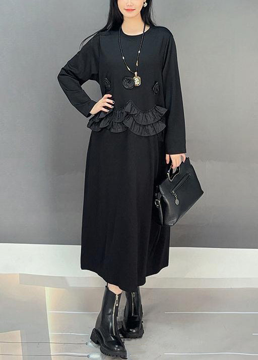 Loose Black O-Neck Ruffled Patchwork Cotton Long Dresses Spring