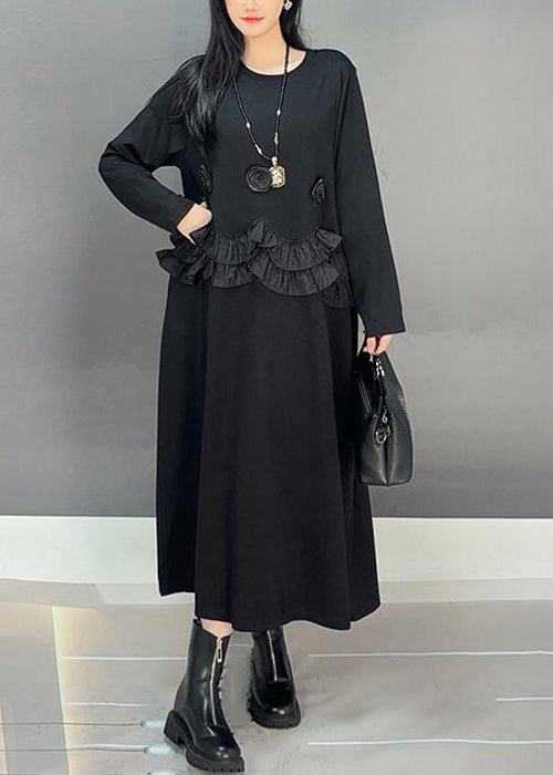 Loose Black O-Neck Ruffled Patchwork Cotton Long Dresses Spring