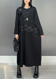 Loose Black O-Neck Ruffled Patchwork Cotton Long Dresses Spring