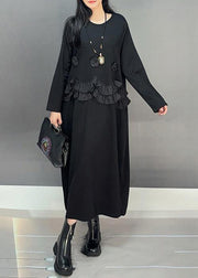 Loose Black O-Neck Ruffled Patchwork Cotton Long Dresses Spring