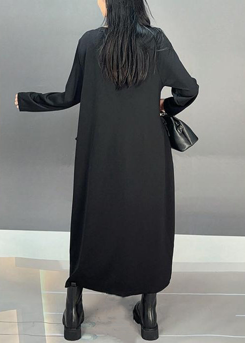 Loose Black O-Neck Ruffled Patchwork Cotton Long Dresses Fall