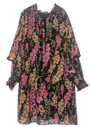 Loose Black O-Neck Ruffled Print Chiffon Maxi Dress Spring