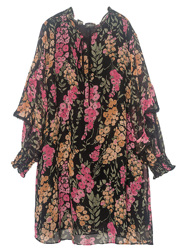 Loose Black O-Neck Ruffled Print Chiffon Maxi Dress Spring