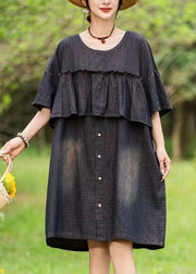 Loose Black O-Neck Ruffled Print Denim Dress Summer