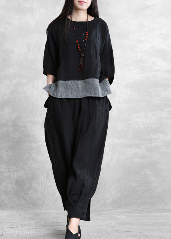 Loose Black O-Neck Side Open Linen Top And Wide Leg Pants Two Pieces Set Long Sleeve