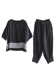 Loose Black O-Neck Side Open Linen Top And Wide Leg Pants Two Pieces Set Long Sleeve