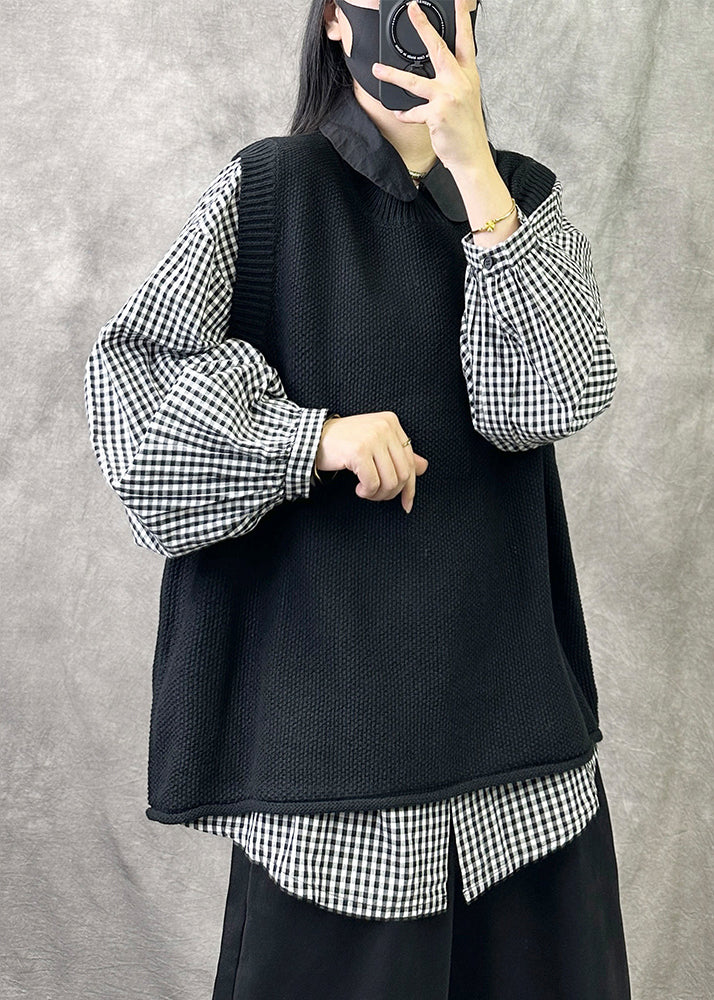Loose Black O Neck Solid Cozy Knit Waistcoat Sleeveless