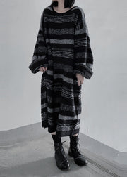 Loose Black O Neck Striped Cashmere Sweaters Dress Spring