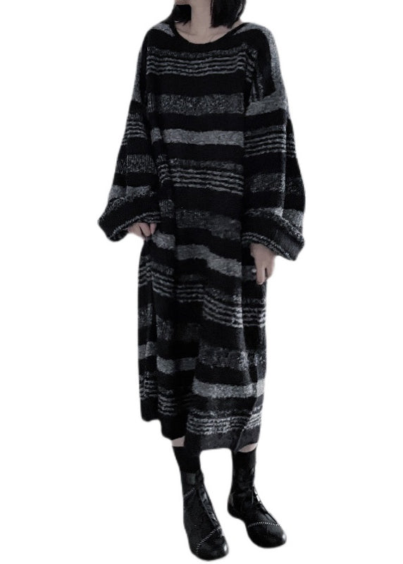 Loose Black O Neck Striped Cashmere Sweaters Dress Fall