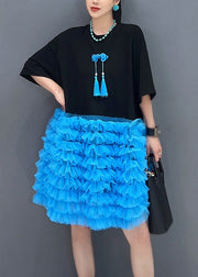 Loose Black O Neck Tulle Patchwork T Shirt Dresses Summer