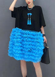 Loose Black O Neck Tulle Patchwork T Shirt Dresses Summer