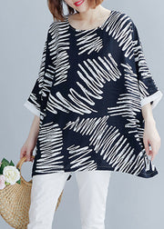 Loose Black Oversized Print Cotton Tops Batwing Sleeve