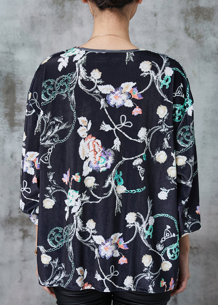 Loose Black Oversized Print Silk Velvet Loose Sweatshirts Top Spring
