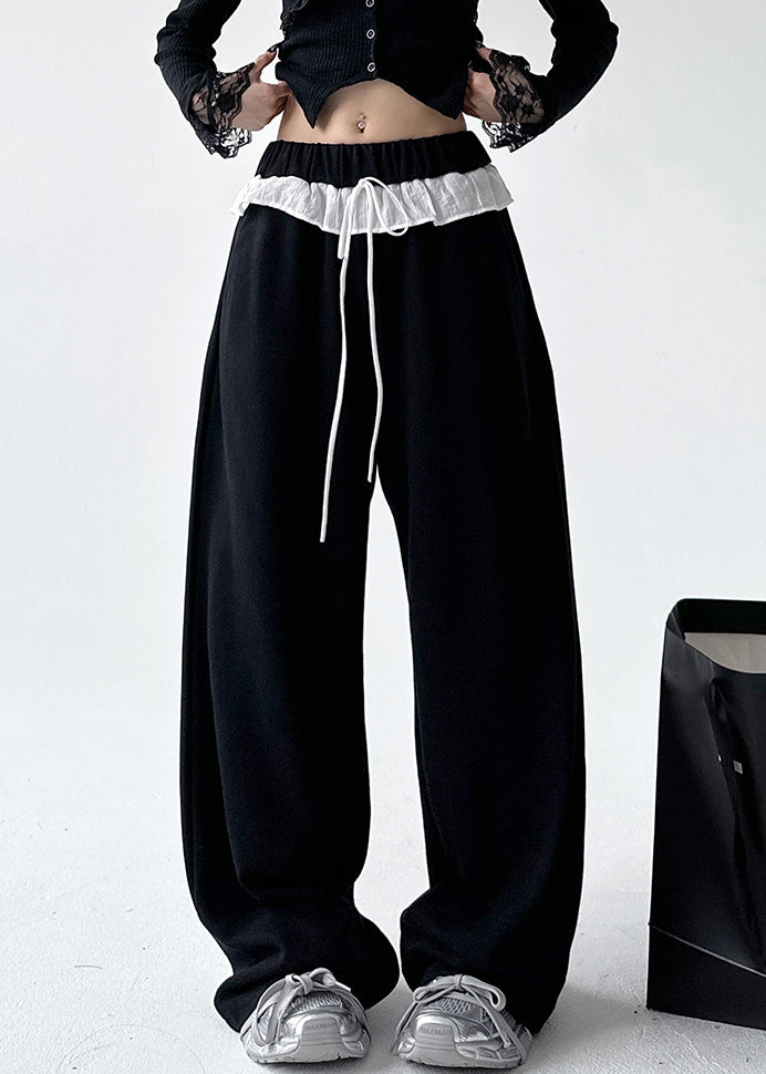 Loose Black Patchwork Tie Waist Straight Pants Spring