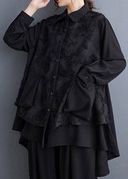 Loose Black Peter Pan Collar Asymmetrical Jacquard Cotton Shirts Long Sleeve