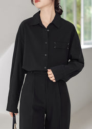 Loose Black Peter Pan Collar Button Patchwork Cotton Shirt Long Sleeve