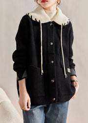 Loose Black Peter Pan Collar Button Pockets Woolen Coats Long Sleeve