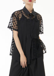 Loose Black Peter Pan Collar Hollow Out Lace Patchwork Shirts Summer