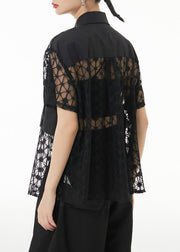 Loose Black Peter Pan Collar Hollow Out Lace Patchwork Shirts Summer