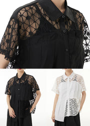 Loose Black Peter Pan Collar Hollow Out Lace Patchwork Shirts Summer