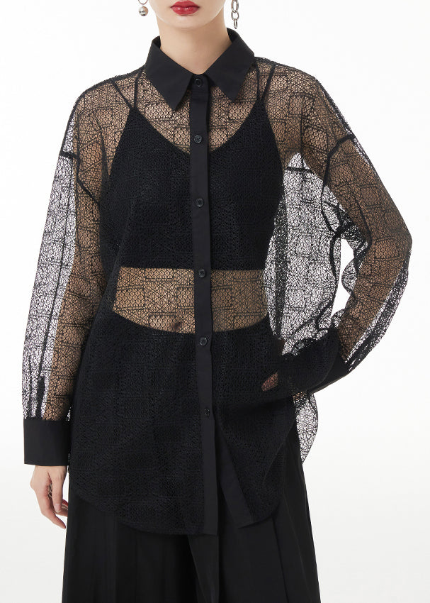 Loose Black Peter Pan Collar Hollow Out Patchwork Lace Shirt Long Sleeve