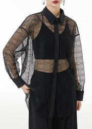 Loose Black Peter Pan Collar Hollow Out Patchwork Lace Shirt Long Sleeve