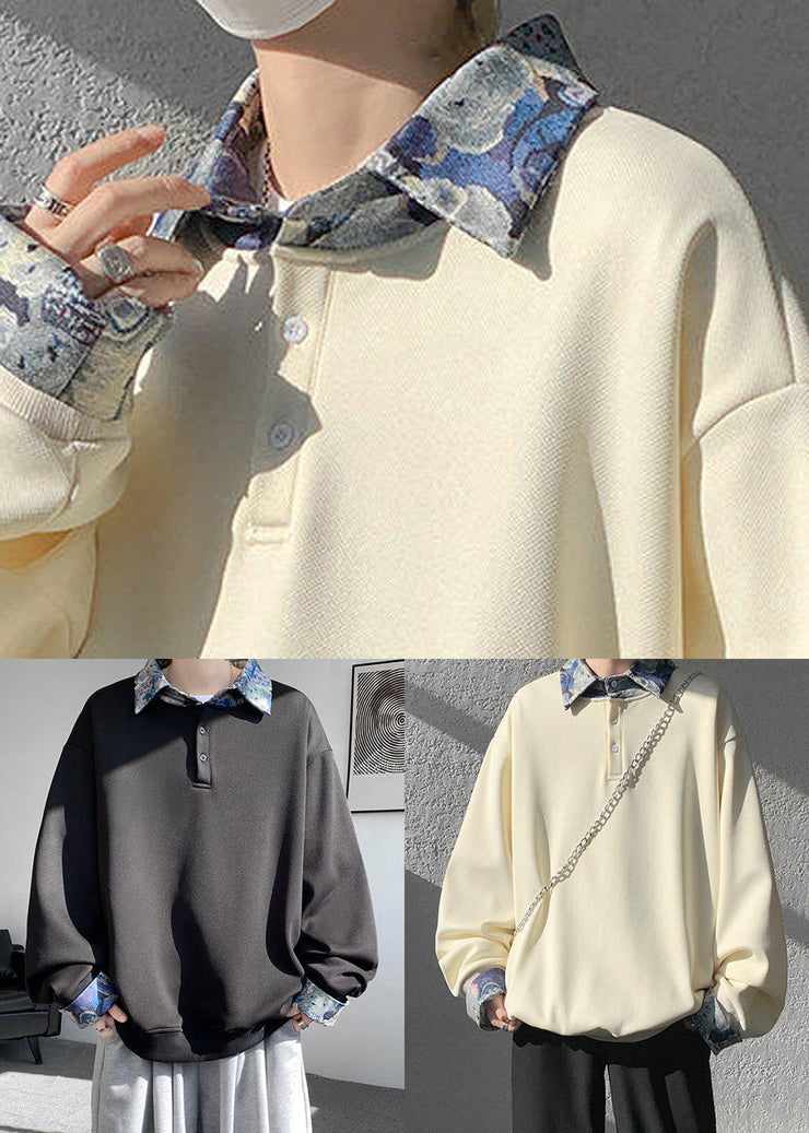 Loose Black Peter Pan Collar Patchwork Cotton Mens Sweatshirts Spring