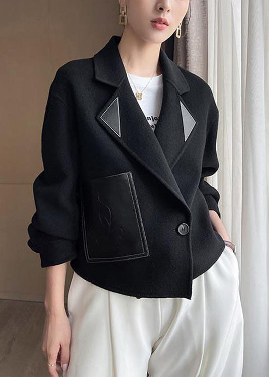 Loose Black Peter Pan Collar Patchwork Woolen Coats Fall